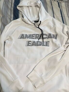 American Eagle Outfitters White Logo Hooded Waffle Pullover